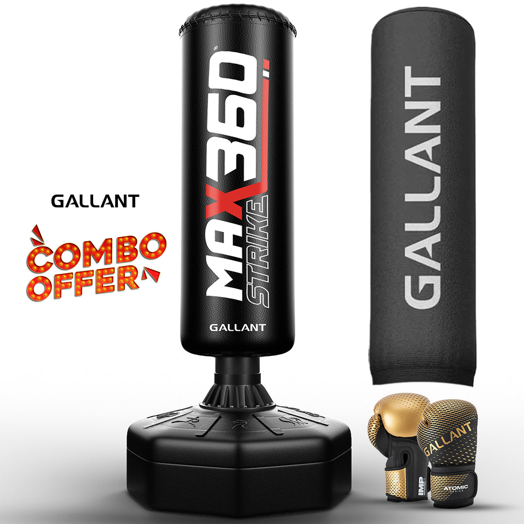 6ft Max Strike 360 Free Standing Punch Bag With Gloves & Rain Cover Main IMG Glove Color Is Gold.