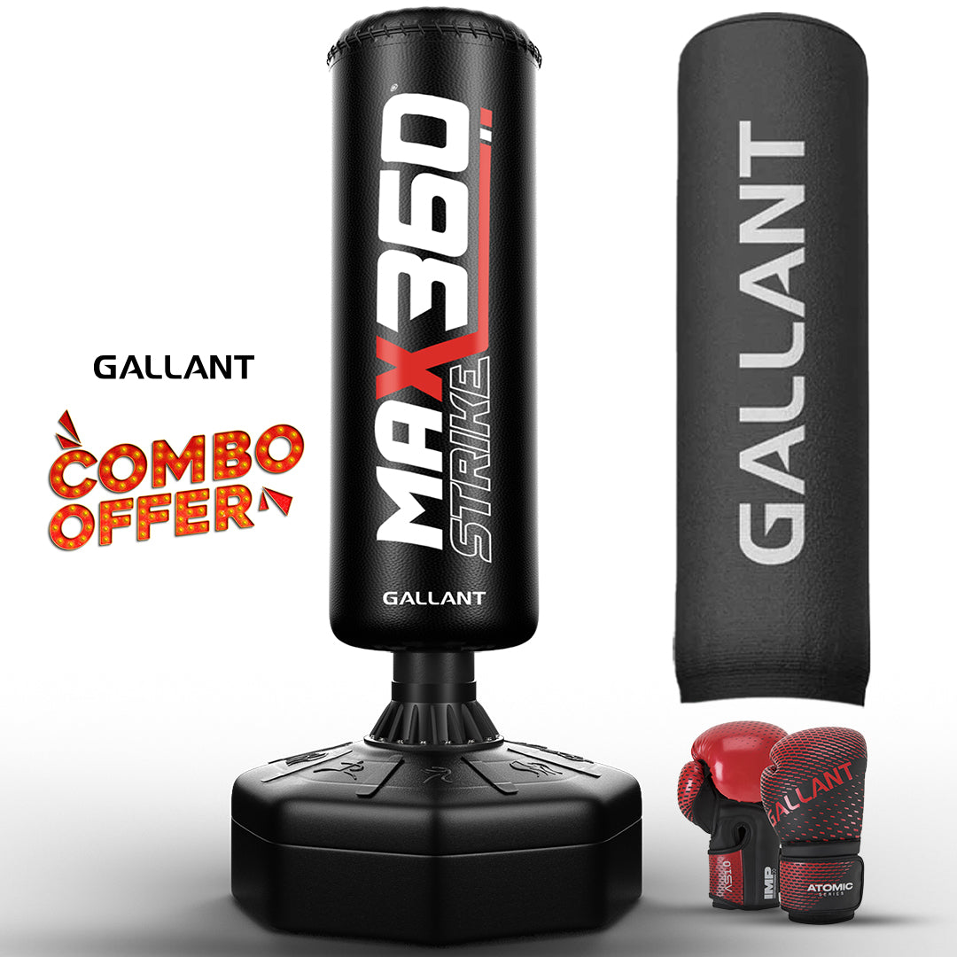 6ft Max Strike 360 Free Standing Punch Bag With Gloves & Rain Cover Main IMG Glove Color is Red.