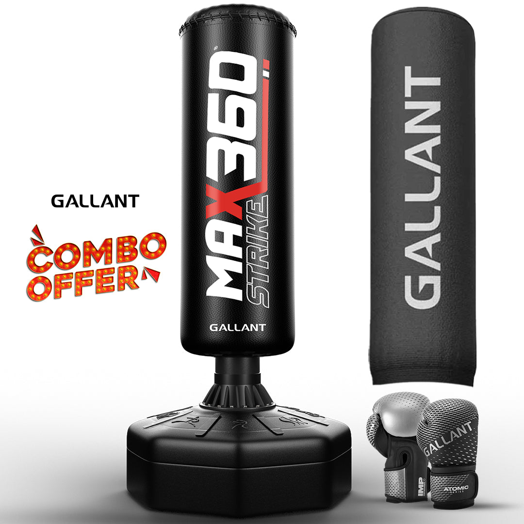 6ft Max Strike 360 Free Standing Punch Bag With Gloves & Rain Cover Main IMG Color Is Silver.