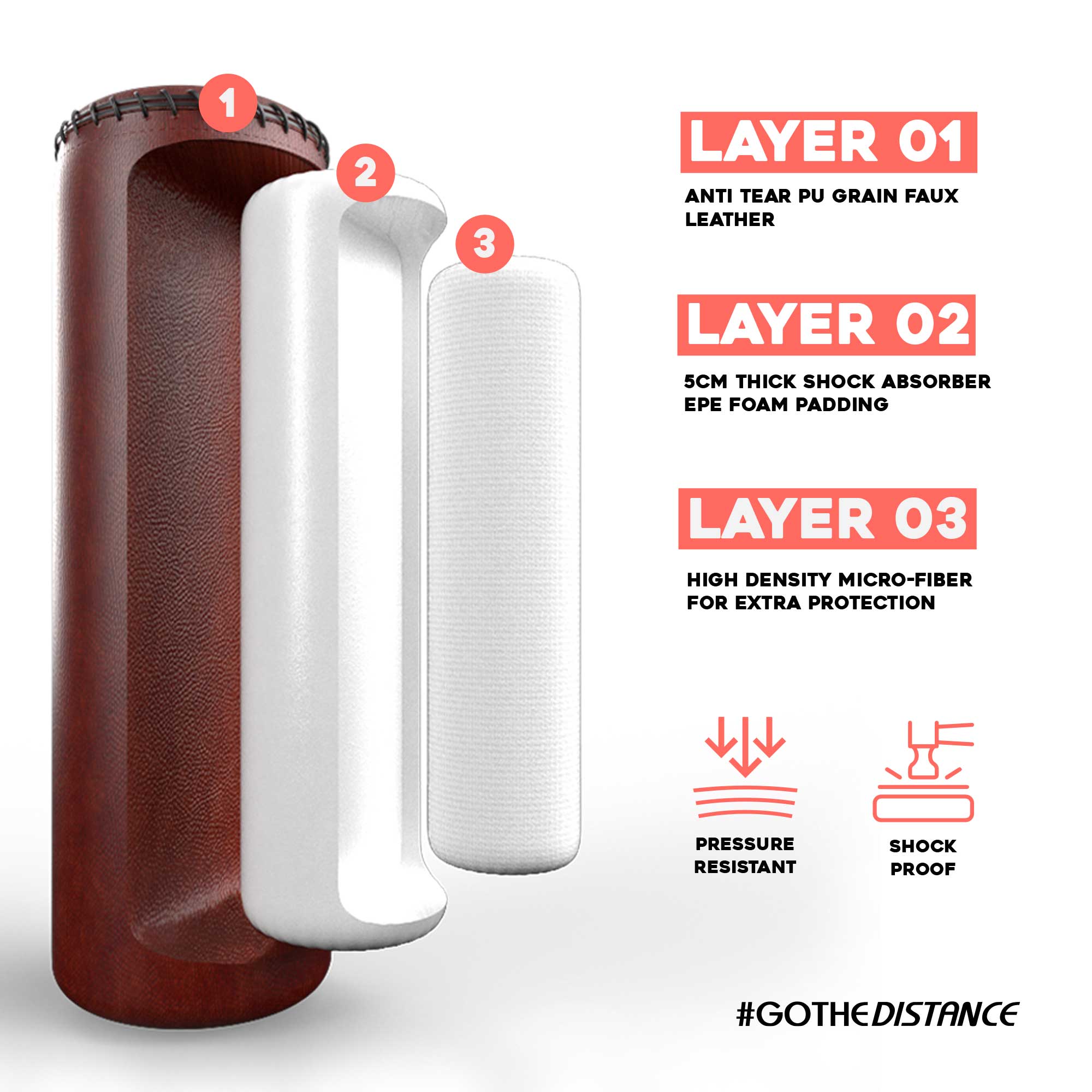 5.5ft Heritage Brown Free-Standing Punchbag Layers Details.