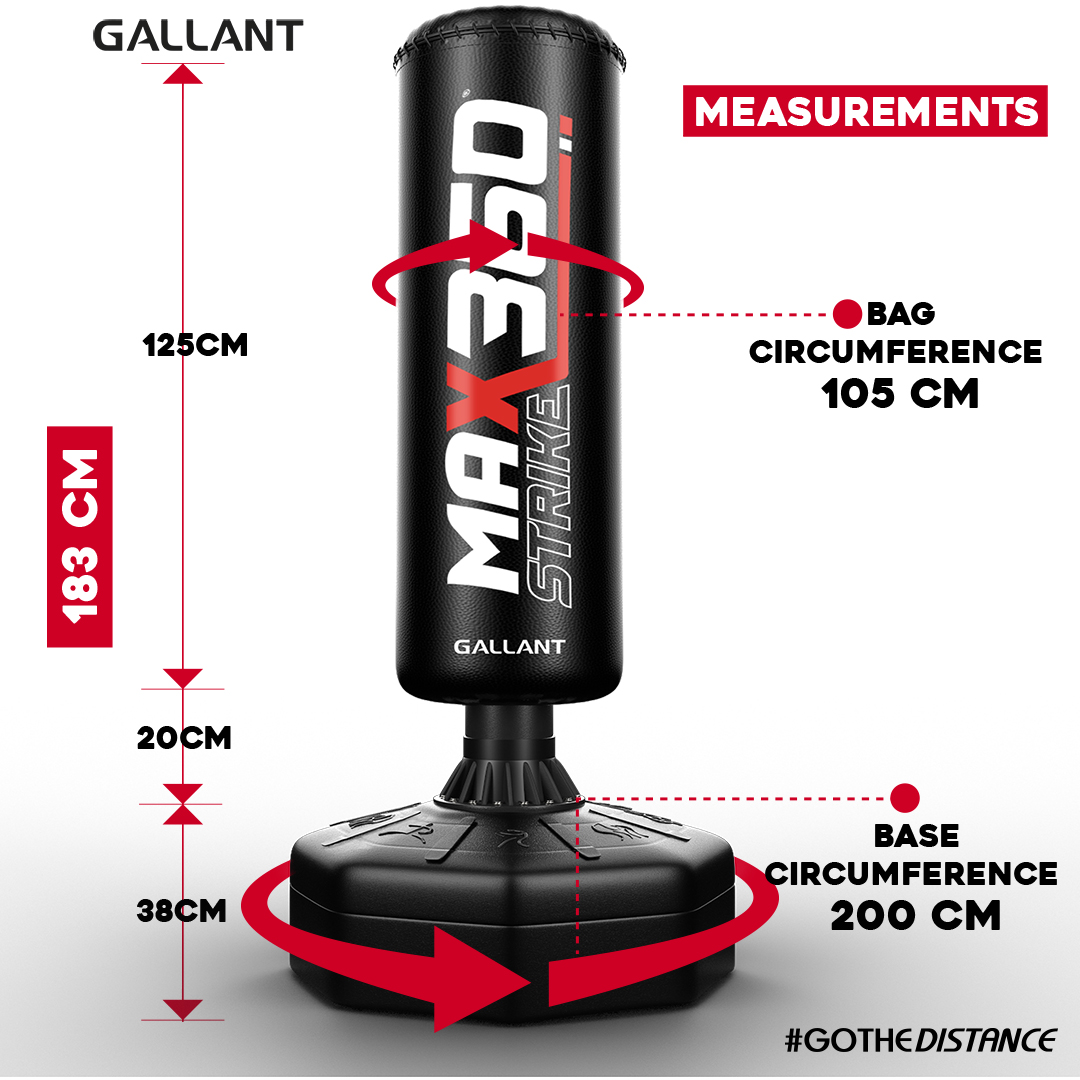 6ft Max Strike 360 Free Standing Punch Bag With Gloves &  Rain Cover Product Measurements.