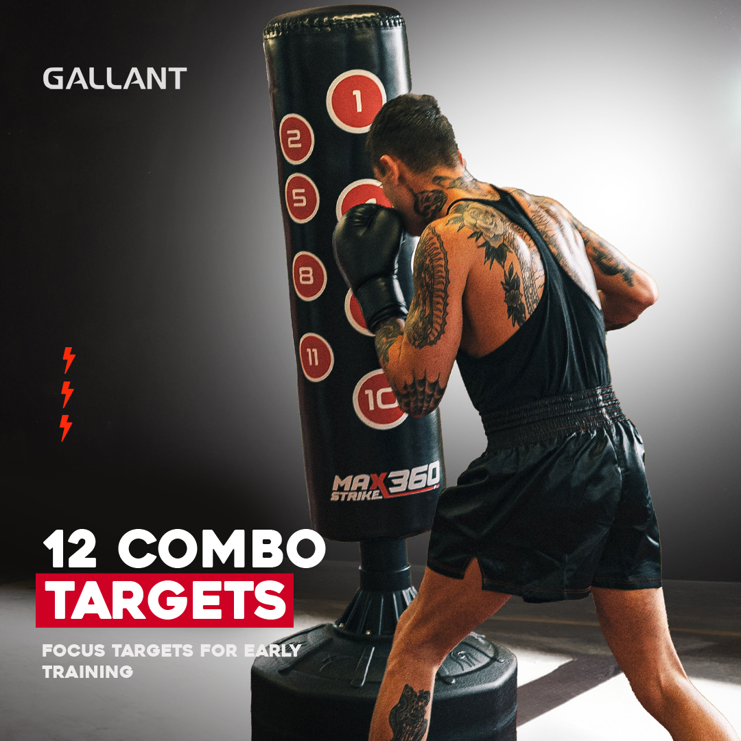 6ft Max Strike 360 Free Standing Punch Bag With Gloves &  Rain Cover 12-Combo Targets.